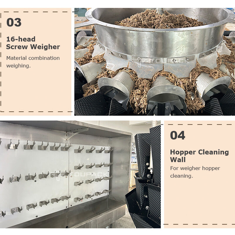 मांस, सलाद और तैयार भोजन के लिए स्क्रू फीडिंग मल्टीहेड वेइजर के साथ स्वचालित ट्रे पैकेजिंग लाइन