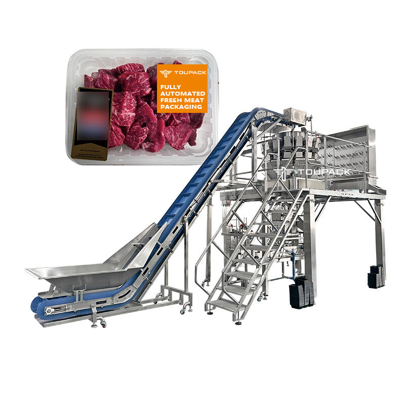 तैयार भोजन के लिए मल्टीहेड वेइगर ट्रे सीलिंग मशीन के साथ स्वचालित सलाद और फल पैकेजिंग लाइन